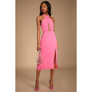 Lulus Flirty Chic Bright Pink Cutout Twist-front Halter Midi Dress - Size XS